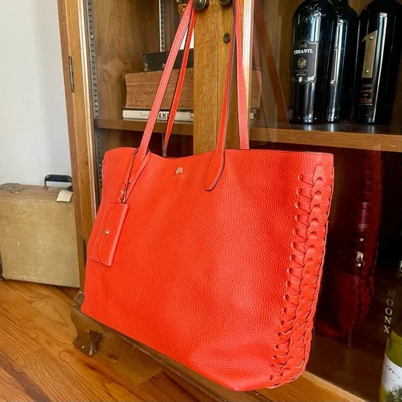 Henri BENDEL Orange Coral Leather Noho Novelty Gusset Large Braided Work Bag - Picture 4 of 16